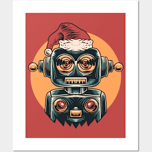 Retro Christmas Robot with Santa Hat Posters and Art